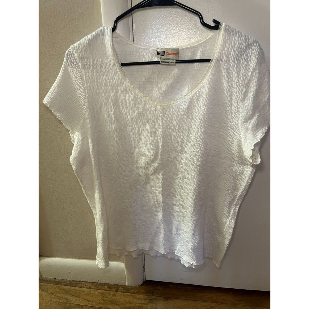 Vintage Faded Glory White Smocked Top Lace Trim XL Coquette Y2K Cottagecore